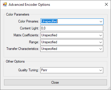 rav1e GUI V1.9 2018-02-23 Advanced Options