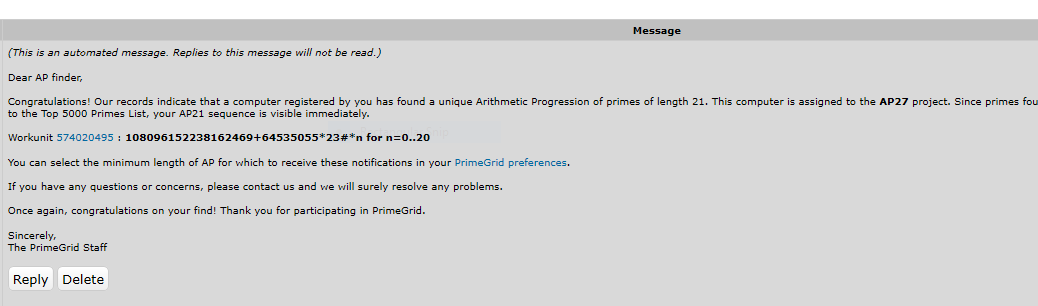 Primegrid prime number notice