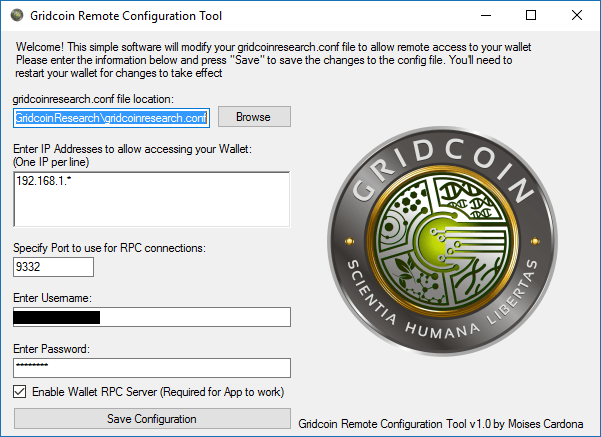 Gridcoin Remote Configuration Tool v1.0