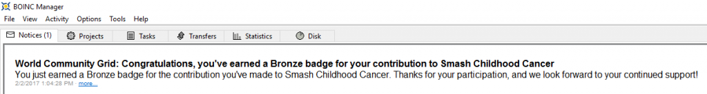 Smash Childhood Cancer Bronze Medal BOINC message