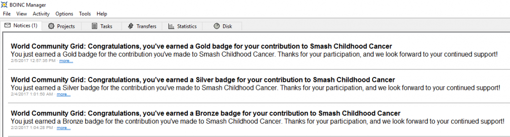 Smash Childhood Cancer Gold Medal BOINC message