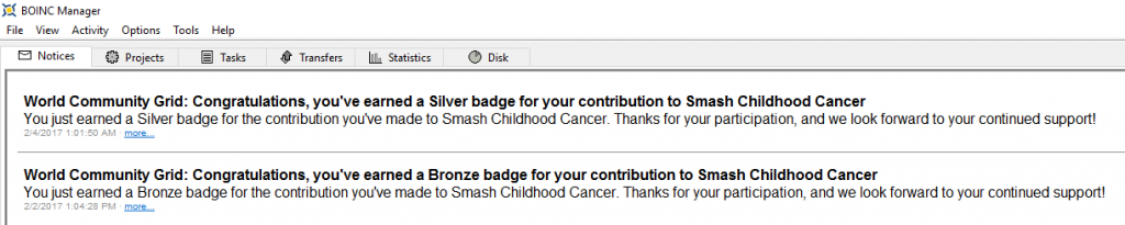 Mensaje de la medalla Plata Smash Childhood Cancer en BOINC - 2
