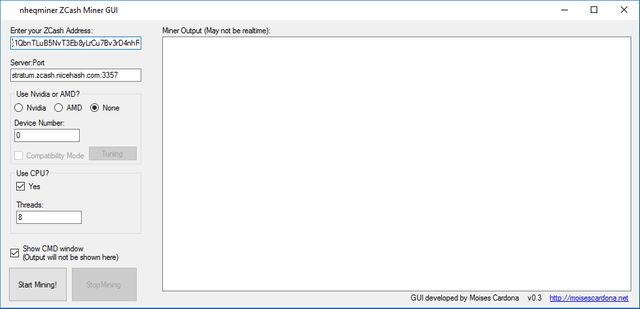 ZCash Mining GUI v0.3 Main Window