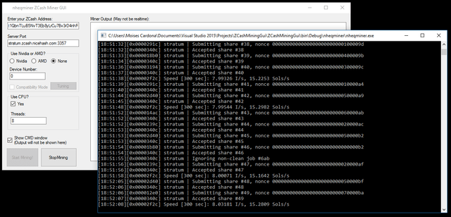 ZCash Mining GUI v0.3 Running