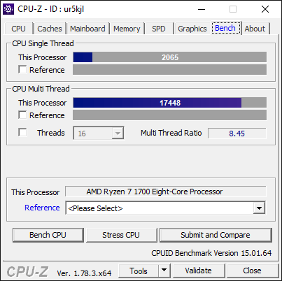 AMD Ryzen 7 1700 3.6Ghz CPU-Z Benchmark