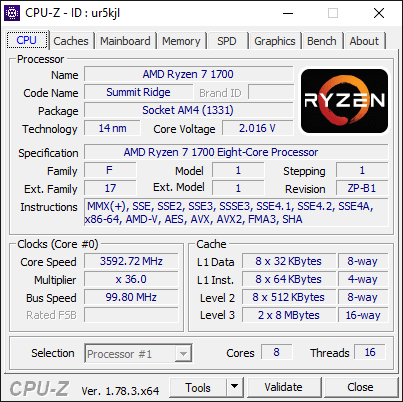 AMD Ryzen 7 1700 3.6Ghz CPU-Z CPU Information 1