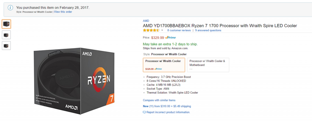 AMD Ryzen 7 1700 CPU Amazon Item Page