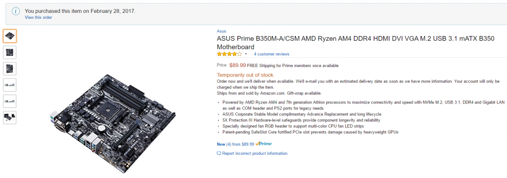 ASUS Prime B350M-A Amazon Product Page