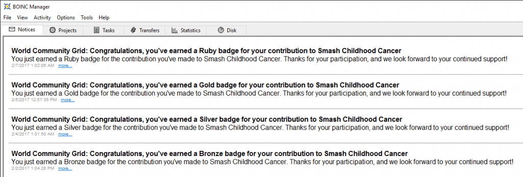 Mensaje de la medalla Rubí de Smash Childhood Cancer en BOINC