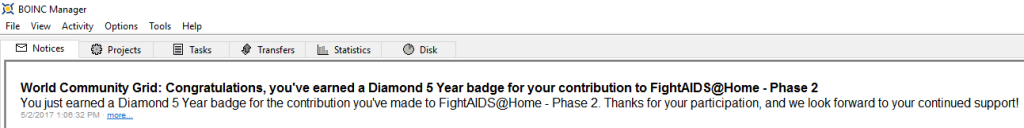 FightAIDS@Home Phase 2 Diamond 5 Year Badge BOINC message