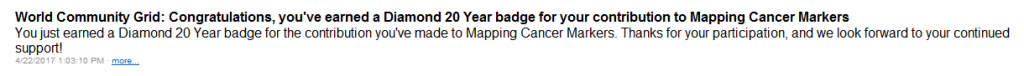 Mapping Cancer Markers 20 Years Diamond Badge Message in BOINC