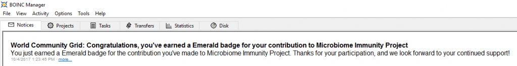 Microbiome Immunity Project - Emerald Badge BOINC Notice