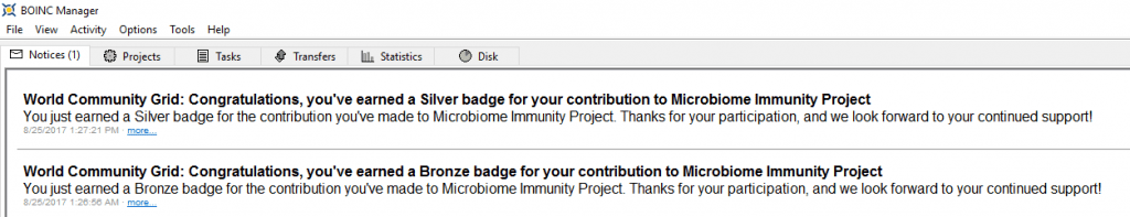 Microbiome Immunity Project - Silver Badge BOINC notice
