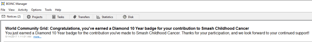 World Community Grid - Smash Childhood Cancer - Diamond 10 Year BOINC Message