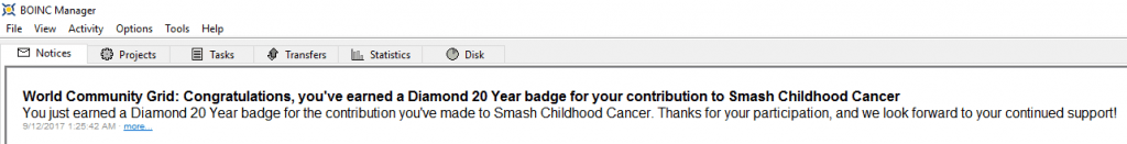 World Community Grid - Smash Childhood Cancer - Diamond 20 Year BOINC Message