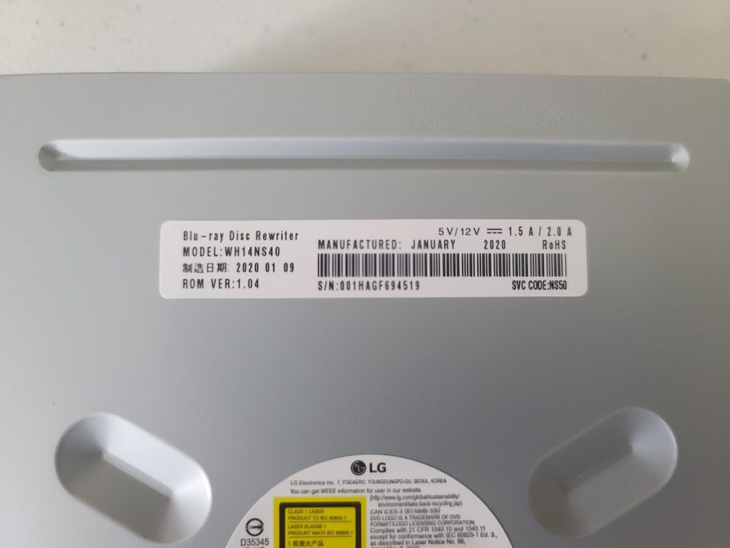 LG 14X Blu-Ray Writer WH14NS40 Drive Model, Firmware, and Manufacture Date