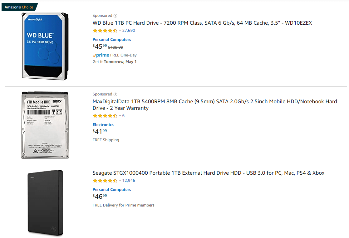1TB HDD drives on Amazon