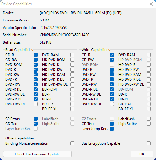 LiteOn (PLDS) DU-8A5LH 6D1M Firmware capabilities.