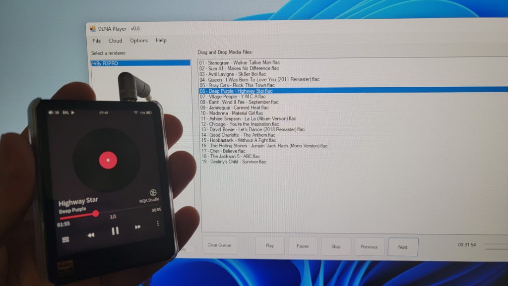Streaming music from the DLNA Player software to the Hiby R3 Pro Saber Digital Audio Player.