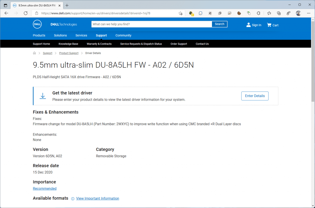 Descargando el firmware 6D5N de la unidad óptica LiteOn (PLDS) DU-8A5LH desde la página de Dell.