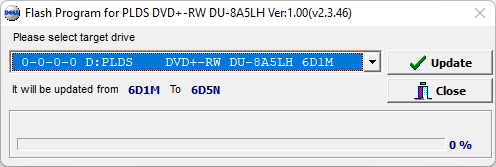 Corriendo la herramienta del firmware 6D5N de la unidad óptica LiteOn (PLDS) DU-8A5LH.