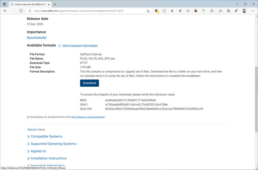 Downloading the Lite-On (PLDS) DU-8A5LH Firmware 6D5N from Dell's Website 2.