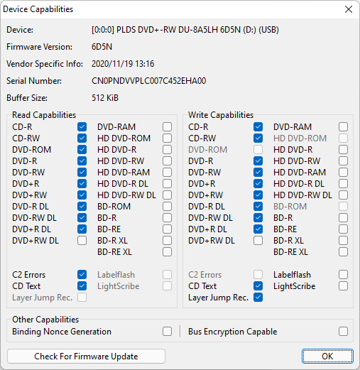 LiteOn (PLDS) DU-8A5LH Firmware 6D5N capabilities as shown in ImgBurn.