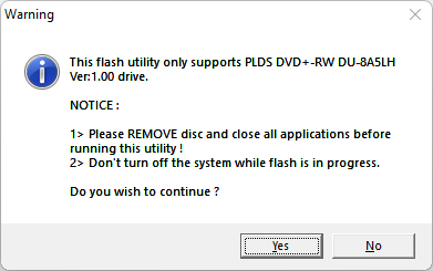 Lite-On (PLDS) DU-8A5LH 6D5N Firmware Update Tool warning message.