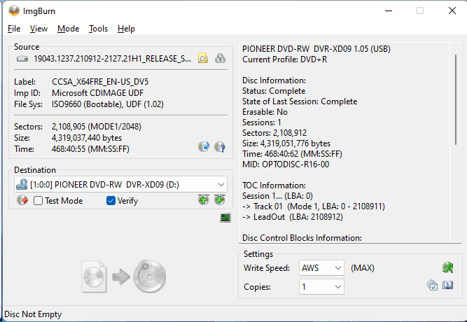Burning the PlexDisc DVD+R (Media Code: OPTODISC-R16-00) in the Pioneer DVR-XD09 Optical Drive using ImgBurn - Finalization Complete