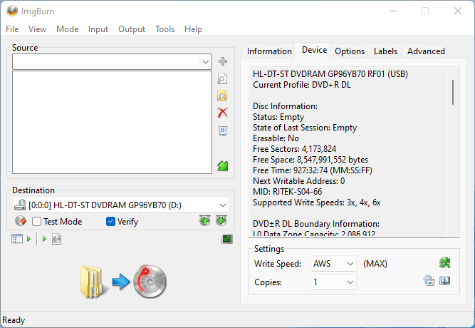 Burning the SmartBuy DVD+R DL (Media Code: RITEK-S04-66) in the LG GP96YB70 External Slim Optical Drive using ImgBurn - 1