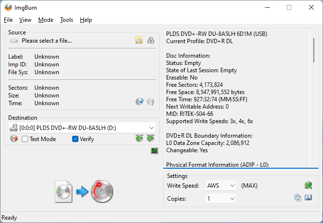 Burning the SmartBuy DVD+R DL (Media Code: RITEK-S04-66) on the Lite-On (PLDS) DU-8A5LH using ImgBurn.