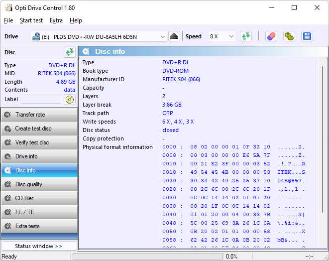 Book Type set to DVD-ROM on a SmartBuy DVD+R DL (Media Code: RITEK-S04-66 burned in the LiteOn (PLDS) DU-8A5LH Optical Drive using ImgBurn.