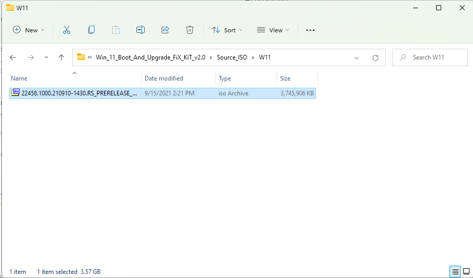 Pasting the Windows 11 ISO file inside the Win 11 Boot and Upgrade FiX KiT v2.0 Source_ISO/W11 folder