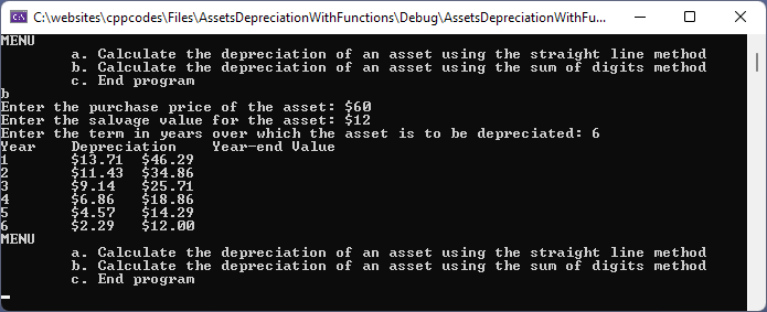 Asset Depreciation using the Sum of Digits Method. This code uses functions internally,