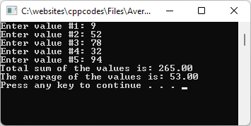 Average of Values program screenshot. The user enters 5 values. The program will add them and calculate the average.