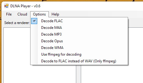 Opciones de decodificación en el programa DLNA Player.