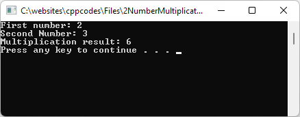 2 Number Multiplication C++ program executable, showing the screen output.
