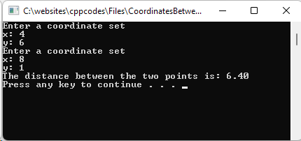 Coordinates between 2 points calculator. The program asks for x and y coordinates of 2 points. It will then print the calculated result to the user.