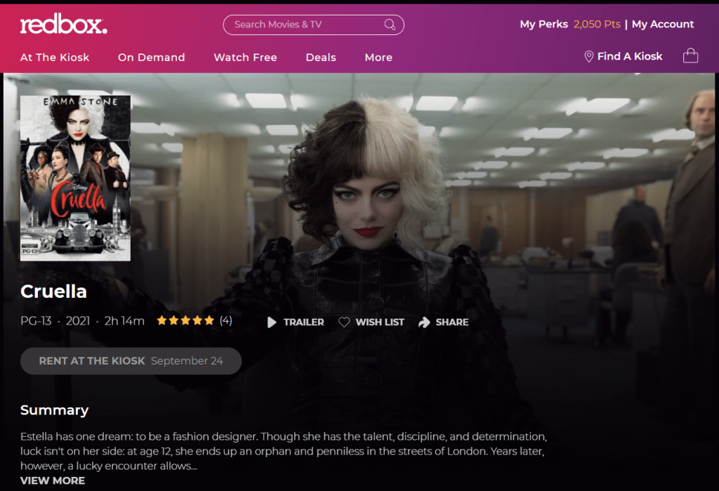 Página de Cruella en Redbox.com