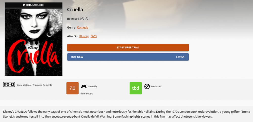 Página de la versión 4K UHD Blu-Ray de Cruella en gamefly.com