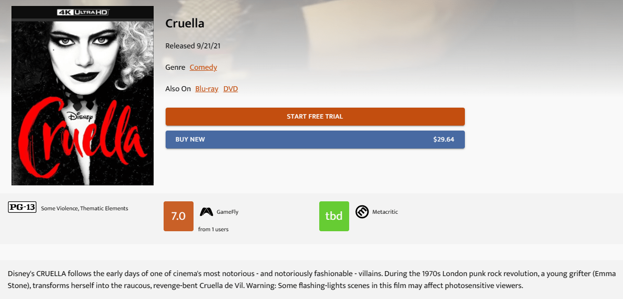 Cruella 4K UHD Blu-Ray page at Gamefly
