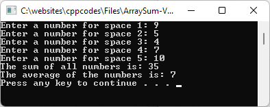 Array Sum and Average: Takes 5 numbers, sums them and gives the average.