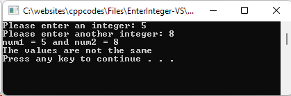 Integer comparison program. Asks for 2 values and checks if they are the same. In this screenshot, the numbers are not the same.