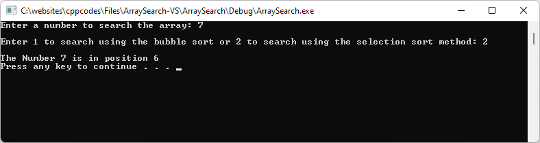 Array Search program screenshot. The program asks the user to enter a number to search and a sort method to use. It then prints the array position if the number is found.
