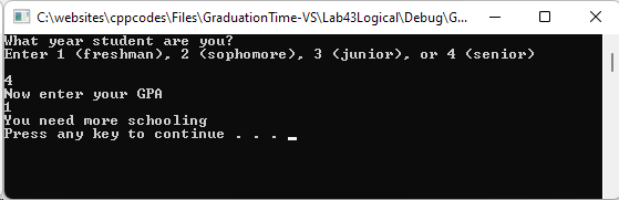 Program that tells if a student can graduate based on the year and the GPA. Screenshot showing that the student is from 4th year and has a GPA of 1.