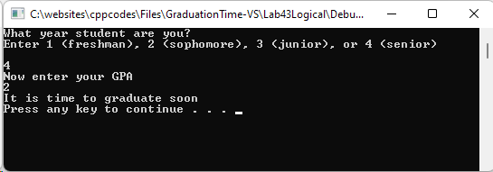 Program that tells if a student can graduate based on the year and the GPA. Screenshot showing that the student is from 4th year and has a GPA of 2 and can graduate.