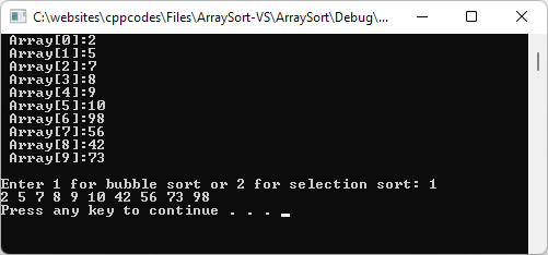 Array Sort program. It asks for 10 array values and then the sort method to use. Finally, it shows the sorted values.