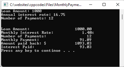 Loan Monthly Payments Calculator. Enter the loan amount, anual interest rate and number of payments. The output shown will be the monthly payment amount including the interest rate.