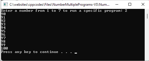 Multiple Numbers Programs. Mode 2: Counts from 90 to 100.