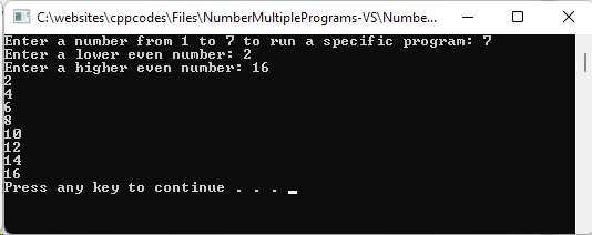 Multiple Numbers Programs. Mode 7: Counts from a lower even number to a higher even number in increments of 2.
